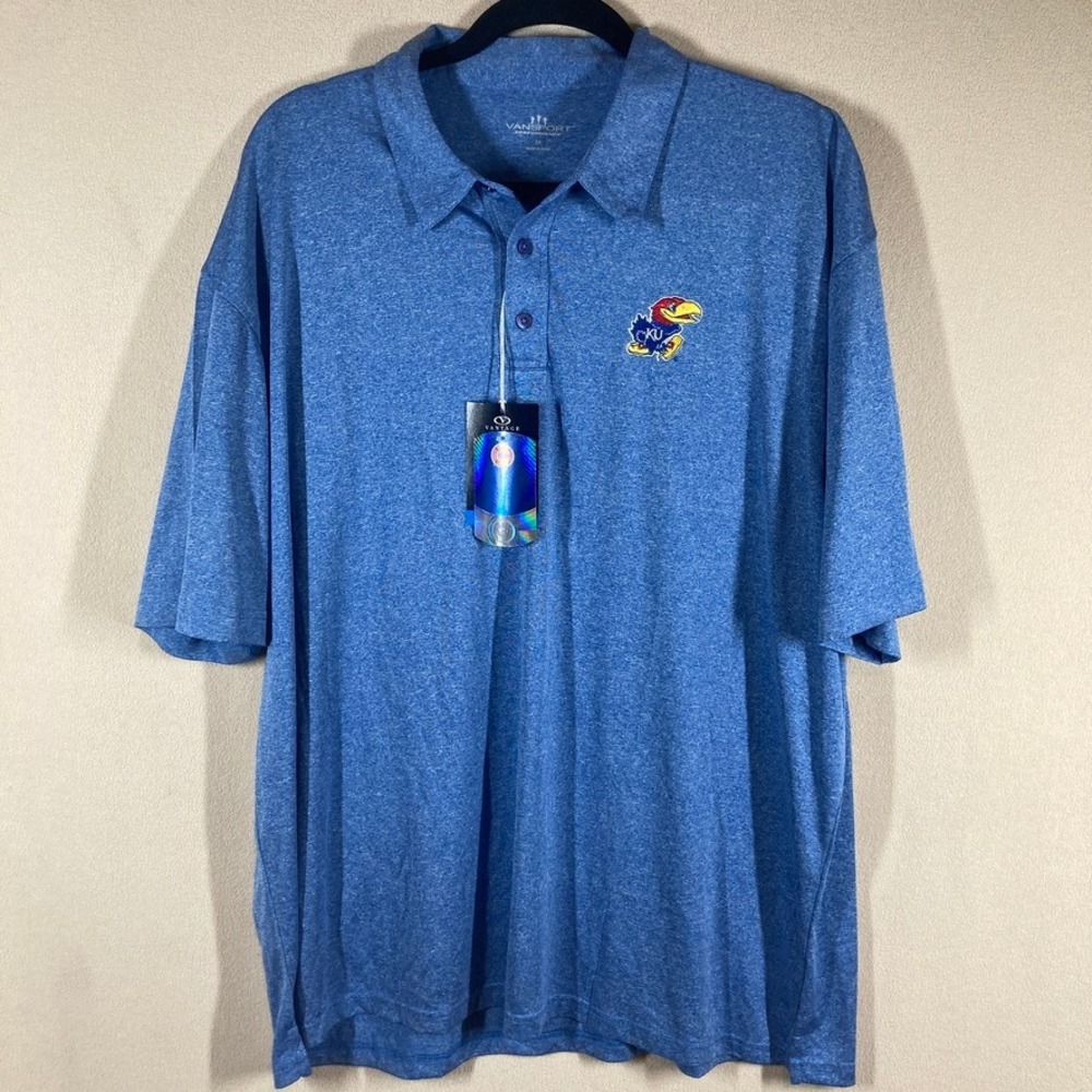 NWT KU Kansas University Jayhawk Vansport Performance‎ Polo 2X Blue Classic Fan
